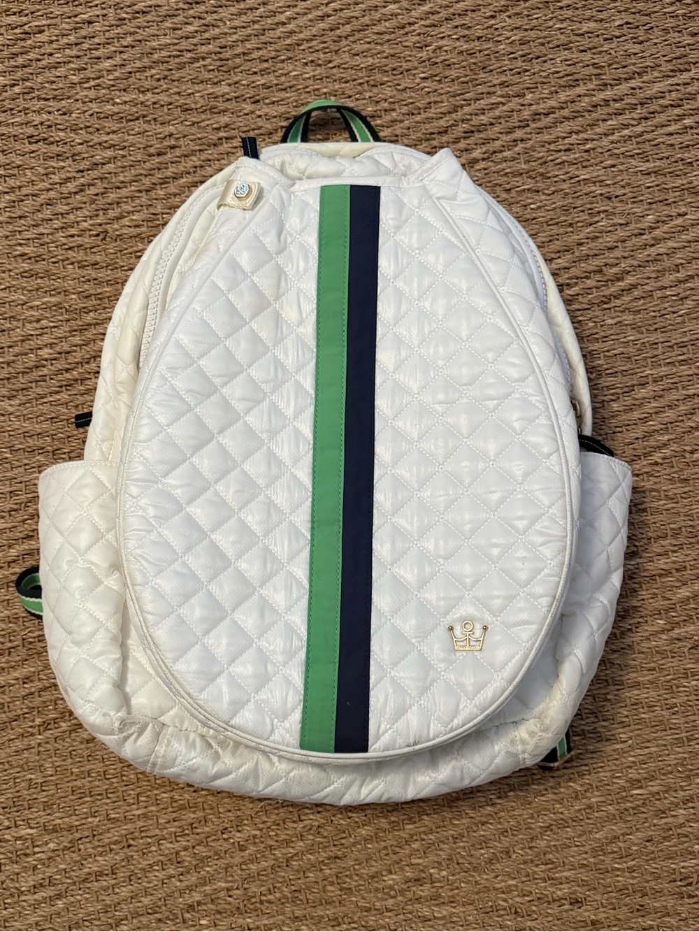 Oliver Thomas White Quilted Backpack with Green and Black Stripe